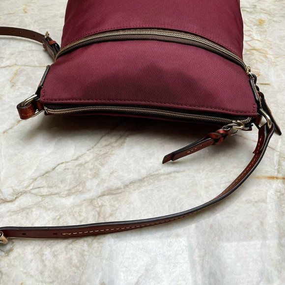 Dooney & Bourke Garnet Red with Leather Brown Crossbody Strap and Logo Patch - Picture 6 of 10